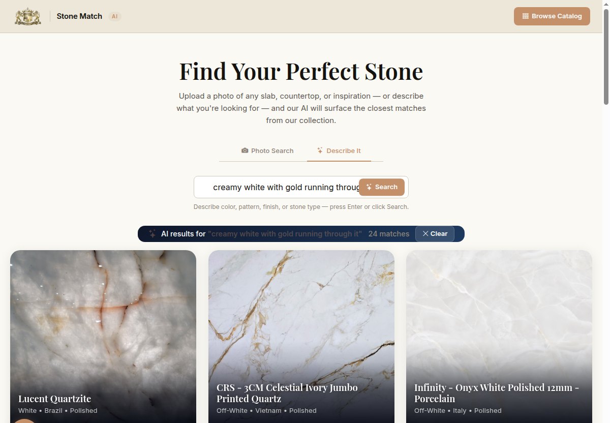 StoneMatch describe-it search: the plain words 'creamy white with gold running through it' return real matching slabs in stock, including Lucent Quartzite and Celestial Ivory.
