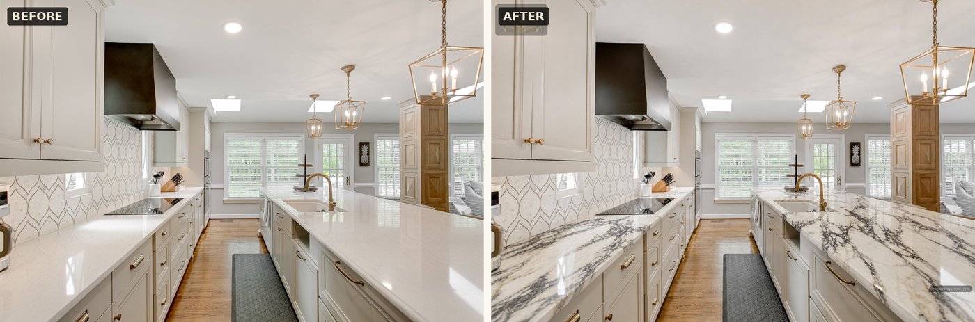 Before and after: a kitchen with plain white counters, then the same kitchen with a bold veined marble slab from the CRS floor dropped onto the counter and island.