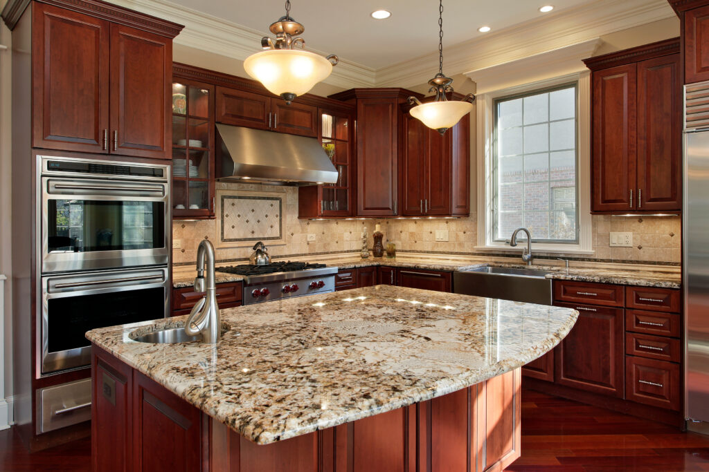 Kitchen with granite island and cherry wood cabinetry