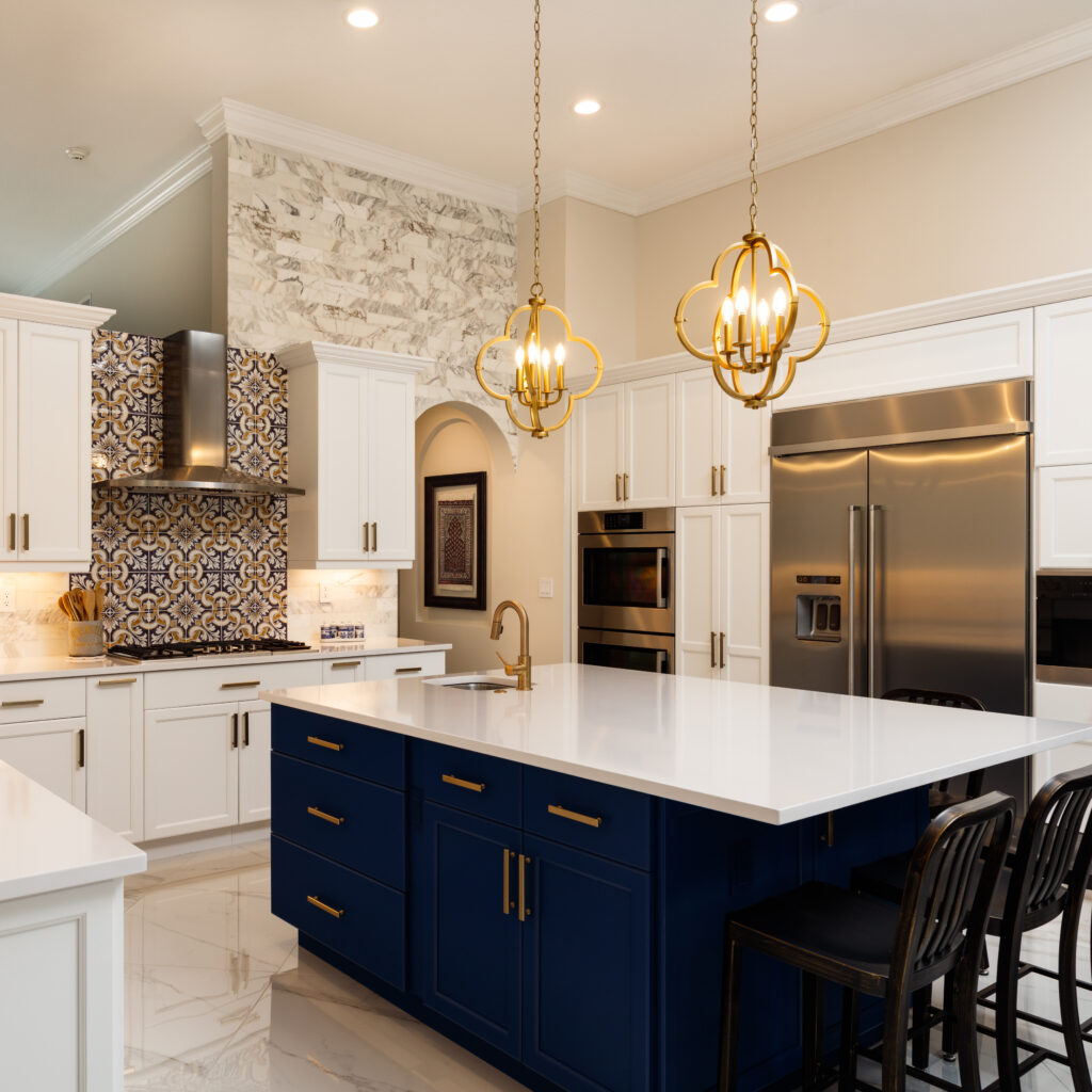 Beautiful luxury home kitchen with white cabinets.